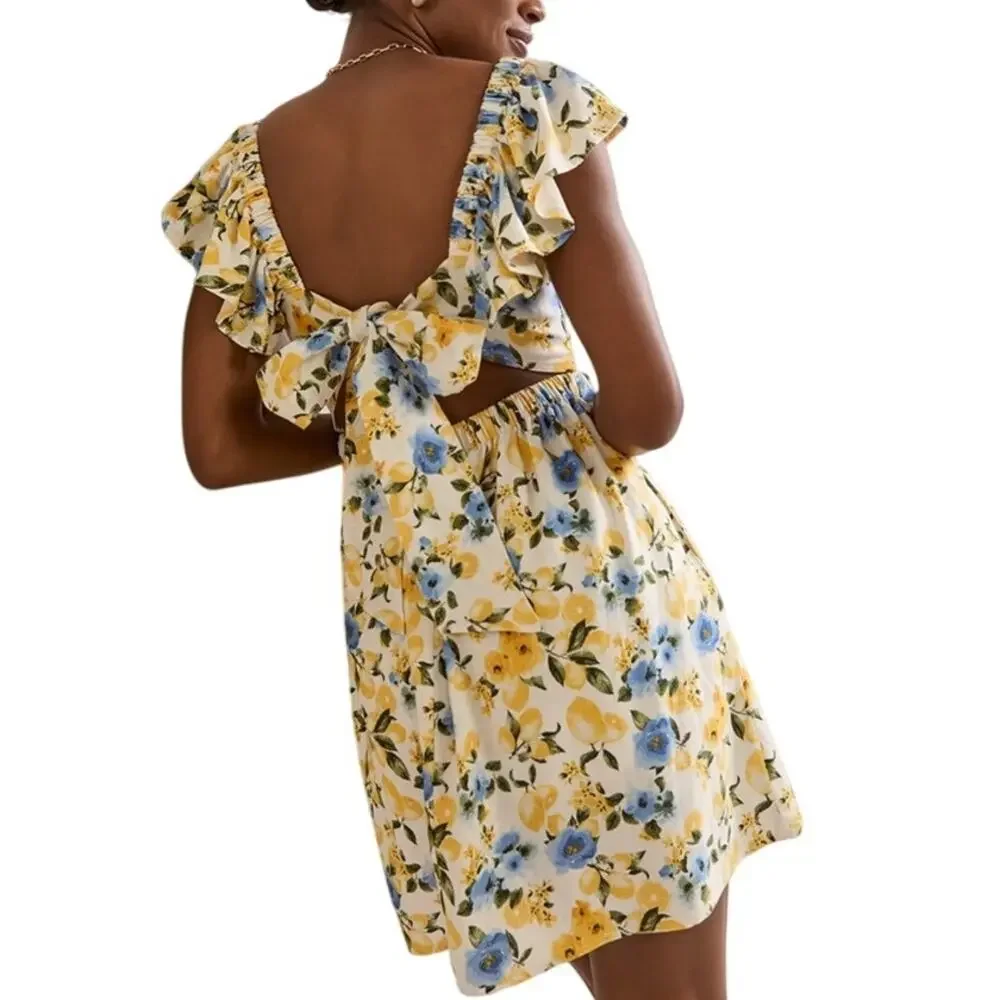 Francesca's Womens Medium White Yellow Blue Dora Lemon Print Bow Back Mini Dress